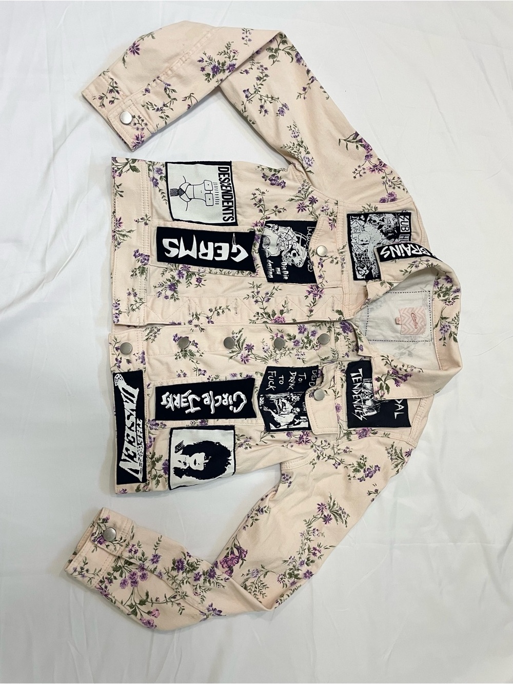 Handmade pink floral punk battle jacket
